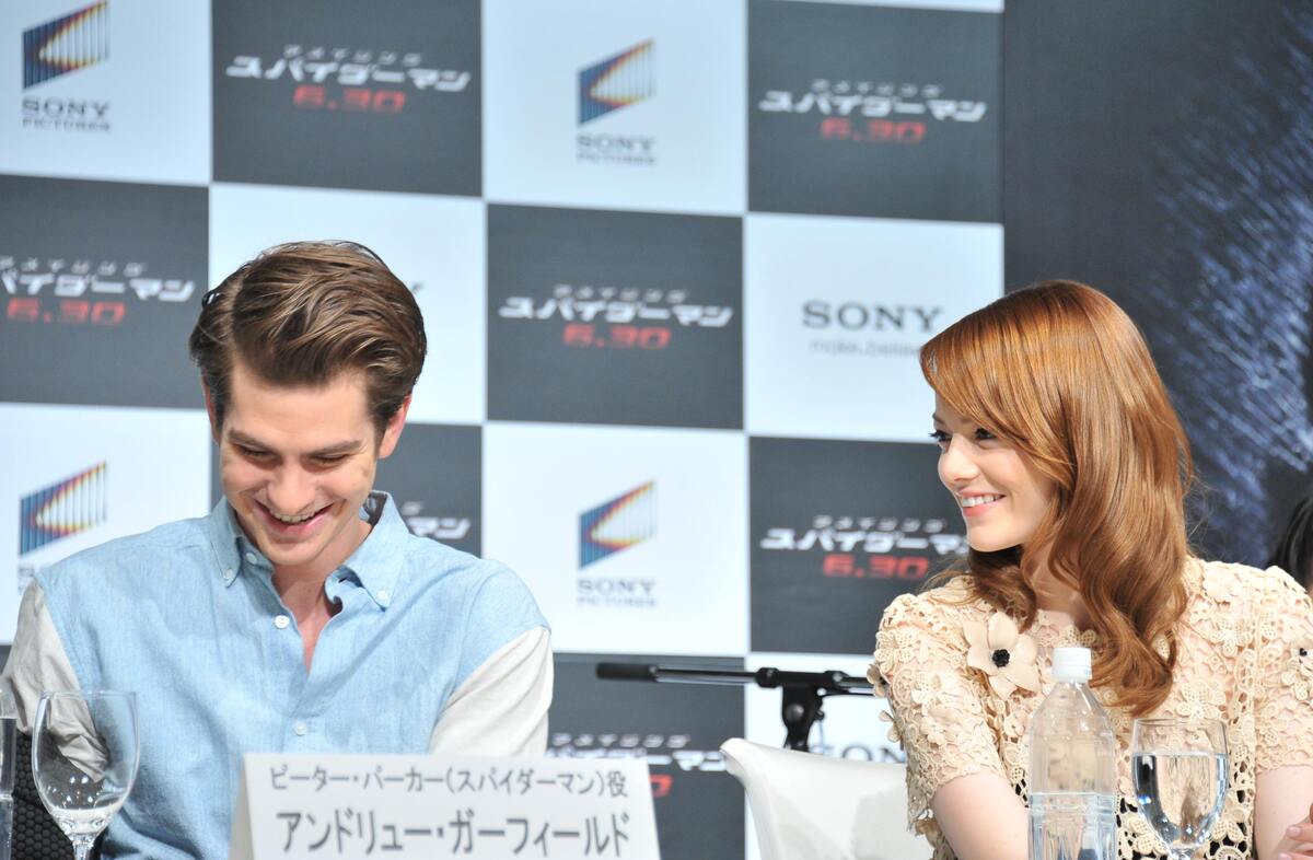 Эндрю Гарфилд и Эмма Стоун на пресс-конференции фильма "Новый Человек-паук" в Японии