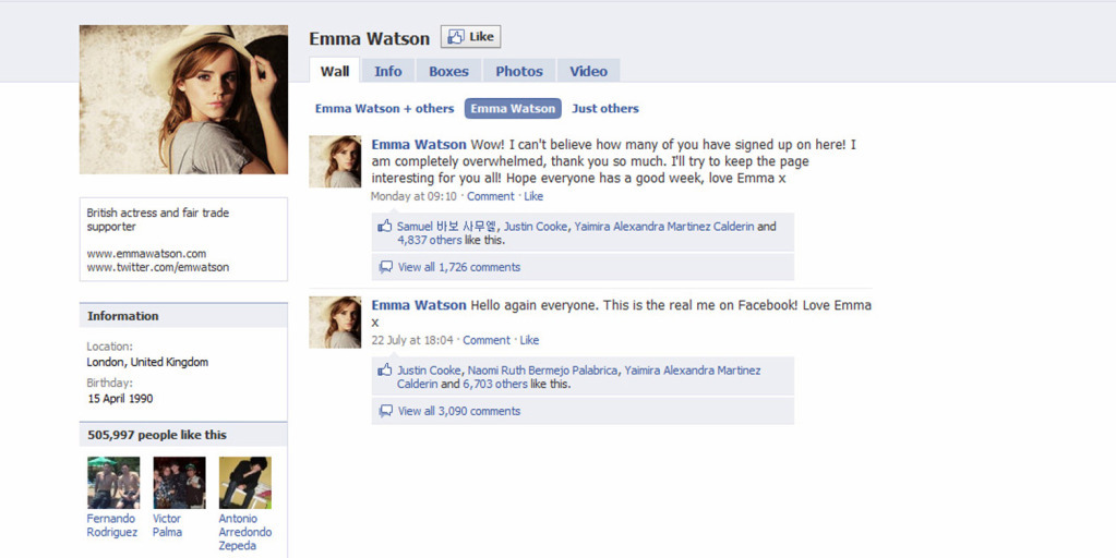 Эмма Уотсон присоединилась к Facebook