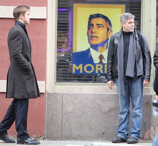 Джордж Клуни и Райан Гослинг на съемках фильма "Мартовские иды"