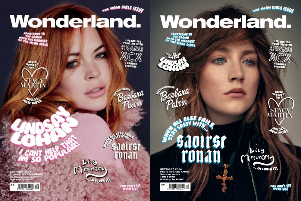 Линдси Лохан, Сирша Ронан, Стейси Мартин и Барбара Палвин на обложке журнала Wonderland. Сентябрь / октябрь 2014