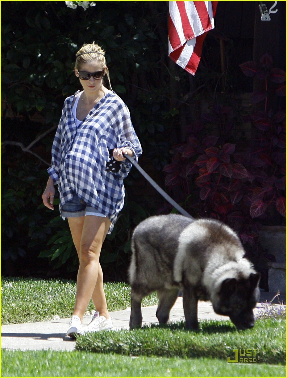 Беременная Сара Мишель Геллар гуляет с собакой